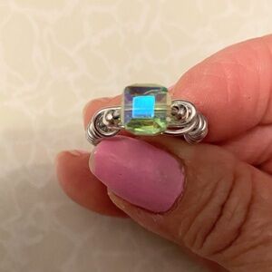Iridescent Green Crystal Wire-Wrapped Ring size 6